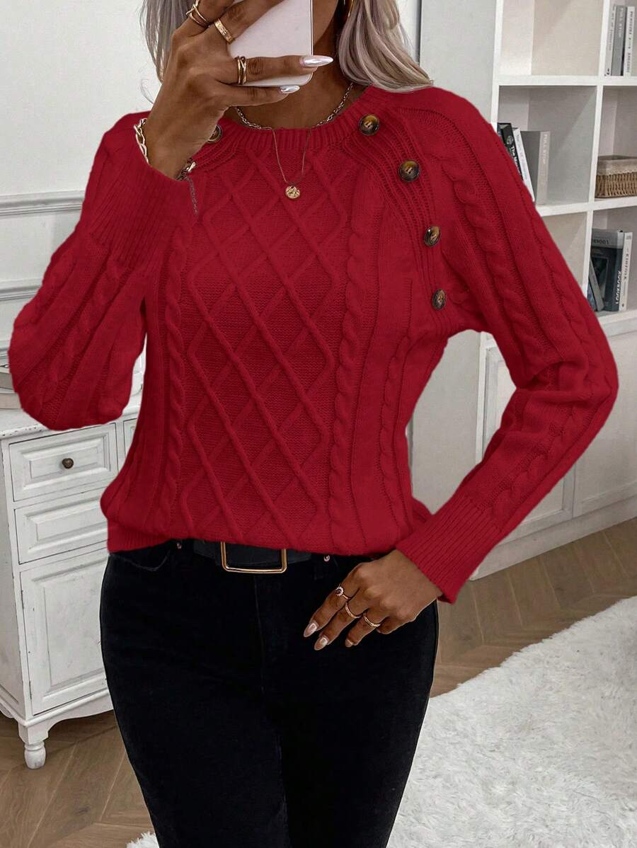 Clara – Button-Detail Cable Knit Jumper