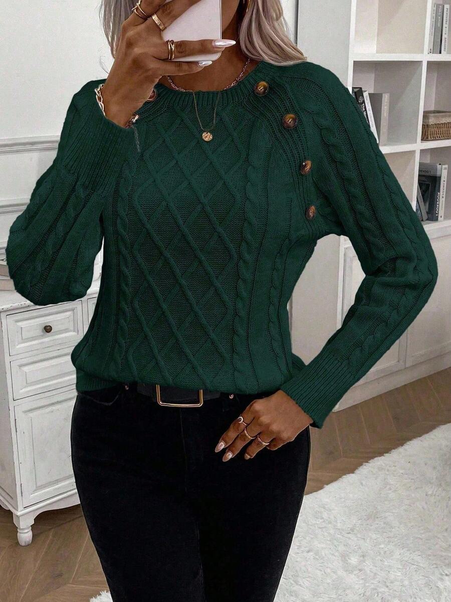 Clara – Button-Detail Cable Knit Jumper