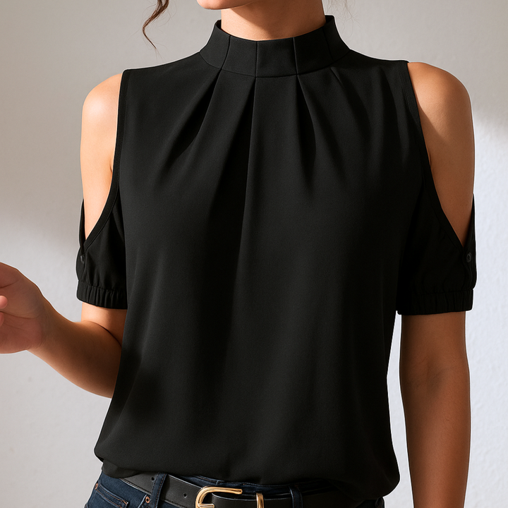 Laura | Black Pleated Blouse with Split Sleeves