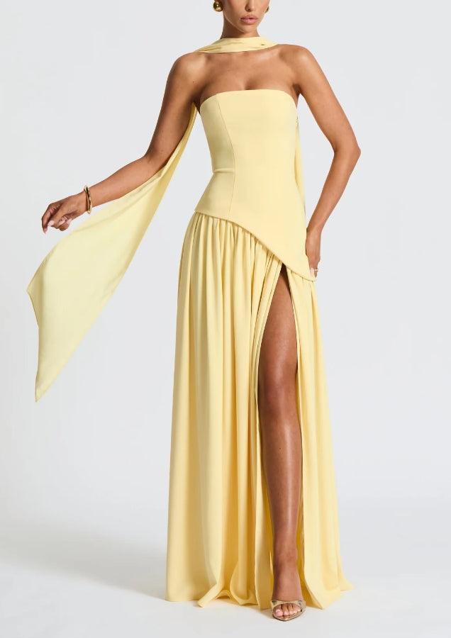 Strapless Slit Ribbon Maxi Dress