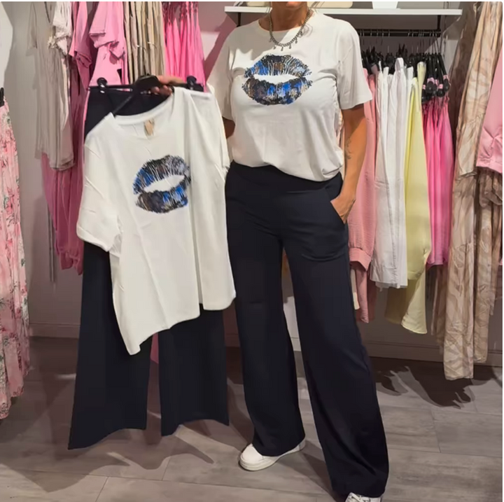 Lips Graphic Tee & Navy Wide-Leg Trousers Set