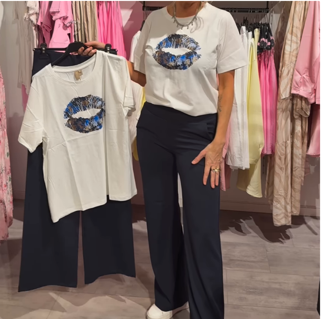 Lips Graphic Tee & Navy Wide-Leg Trousers Set