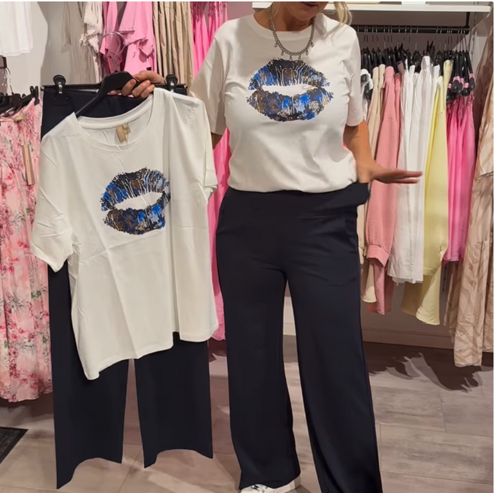 Lips Graphic Tee & Navy Wide-Leg Trousers Set
