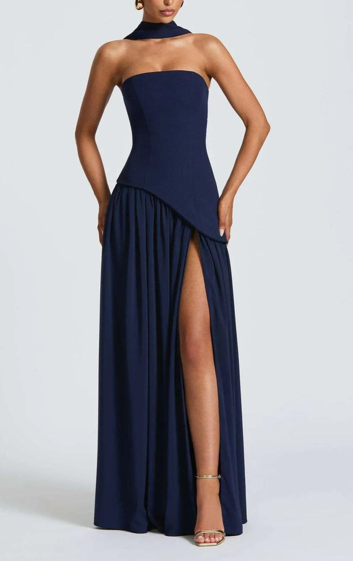 Strapless Slit Ribbon Maxi Dress
